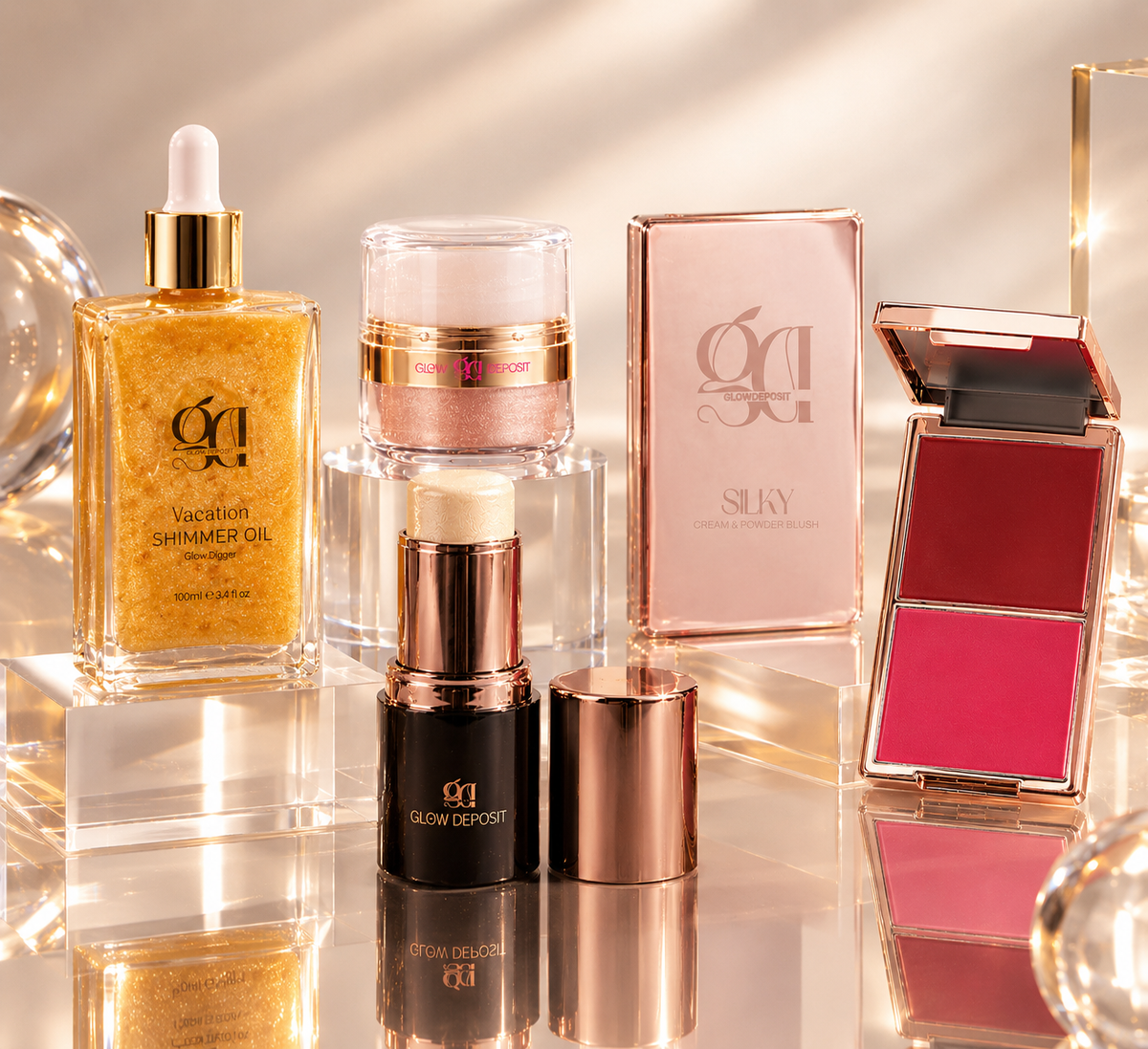 The Full Glow Experience: Vacation Shimmer Oil + Body Brush + Glow o'clock Dust + Dewy Stick + Silky Blush