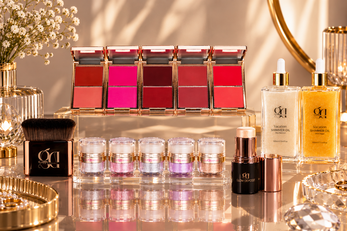 VIP Glow Digger: 2 Shades of Vacation Shimmer Oil + Body Blush + 5 Shades of Glow o'clock Dust and Silky Blush + Dewy Stick