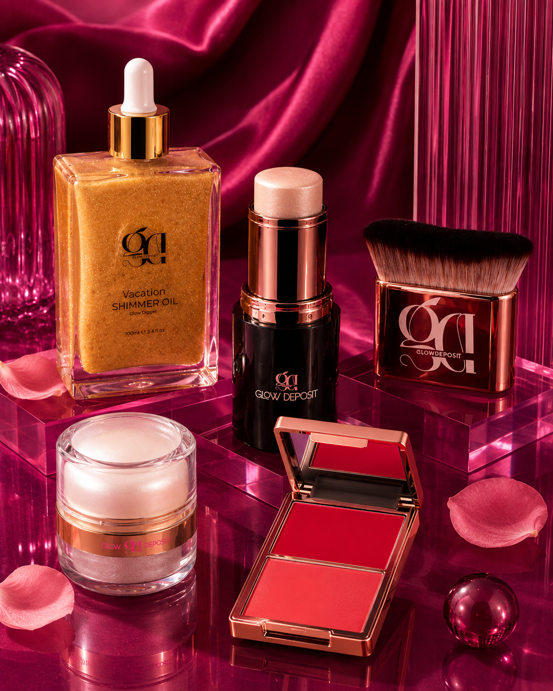 The Full Glow Experience: Vacation Shimmer Oil + Body Brush + Glow o'clock Dust + Dewy Stick + Silky Blush
